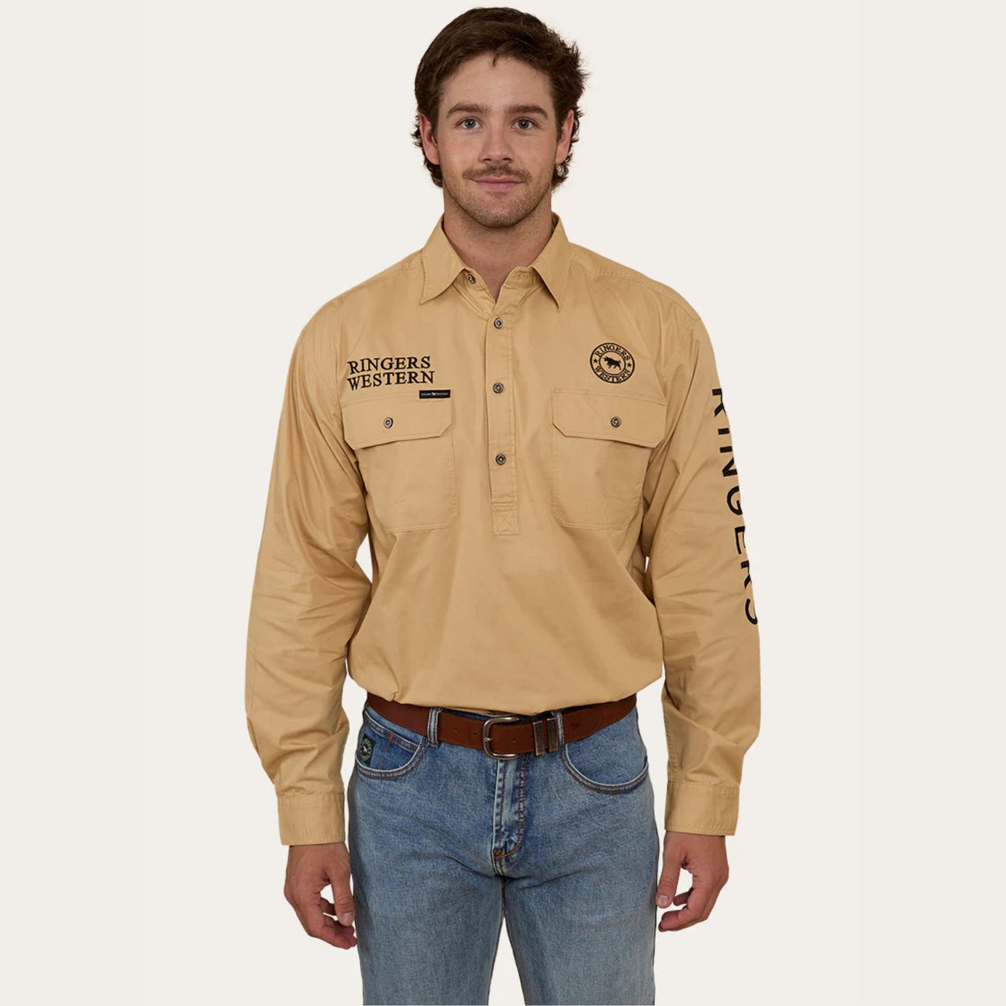 Hawkeye Mens Half Button Work Shirt - Dark Sand