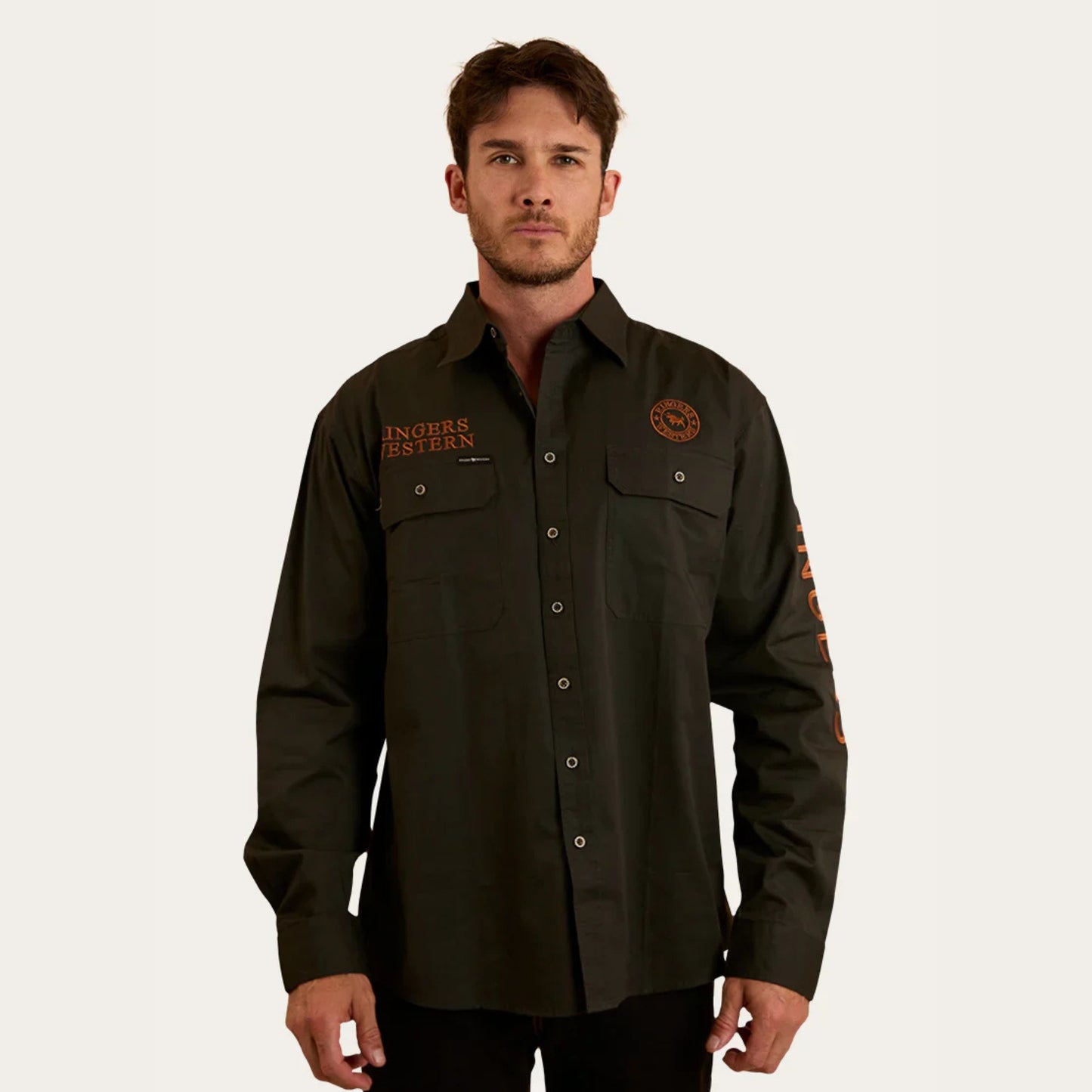 RINGERS WESTERN HAWKEYE MENS FULL BUTTON WORK SHIRT - Charcoal/Rust