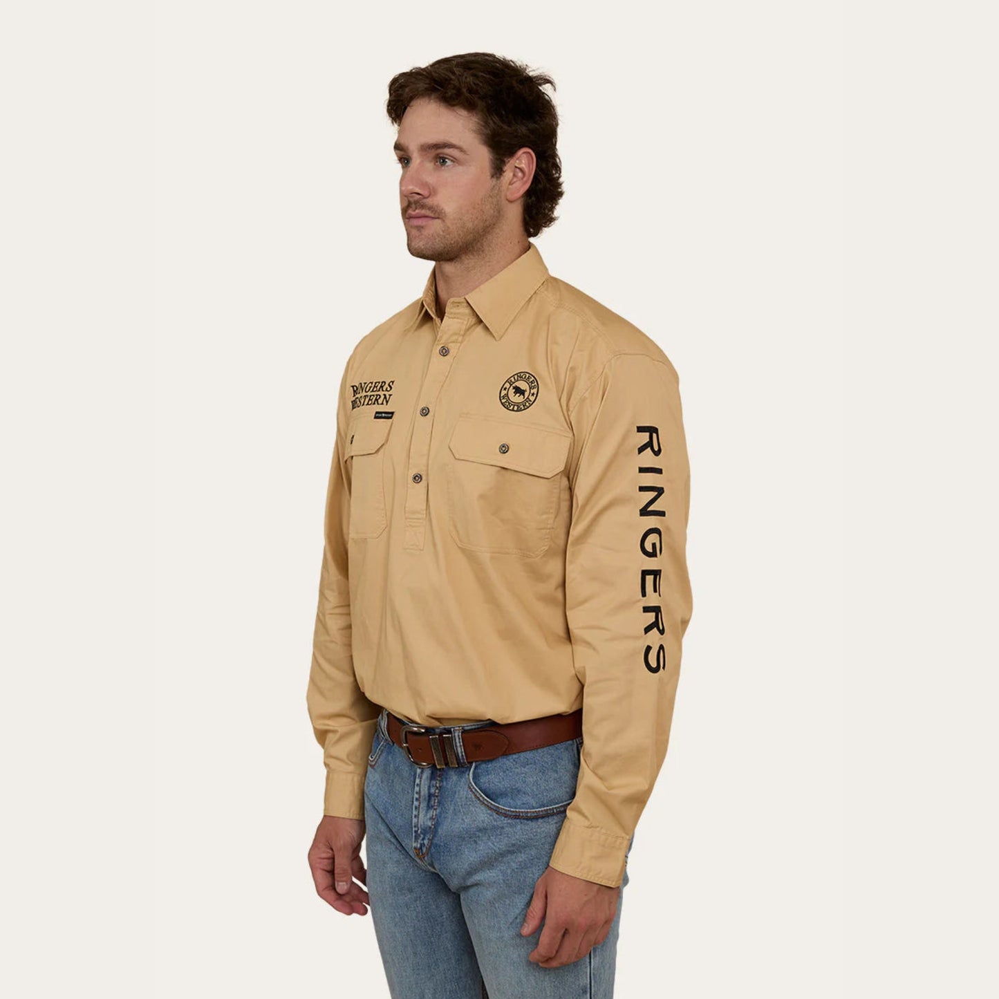 Hawkeye Mens Half Button Work Shirt - Dark Sand