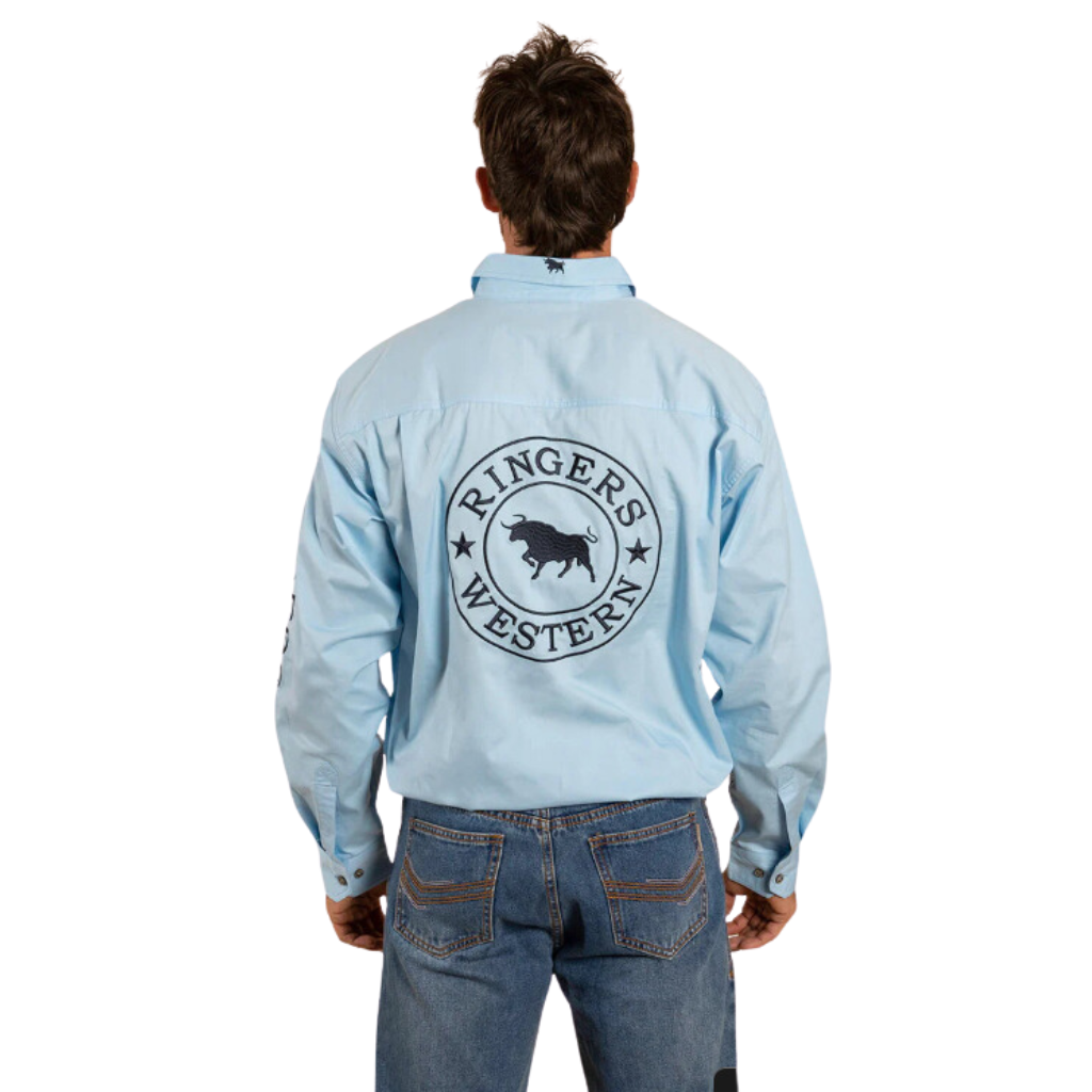 RINGERS WESTERN MENS HAWKEYE FULL BUTTON WORK SHIRT - SKY BLUE / NAVY