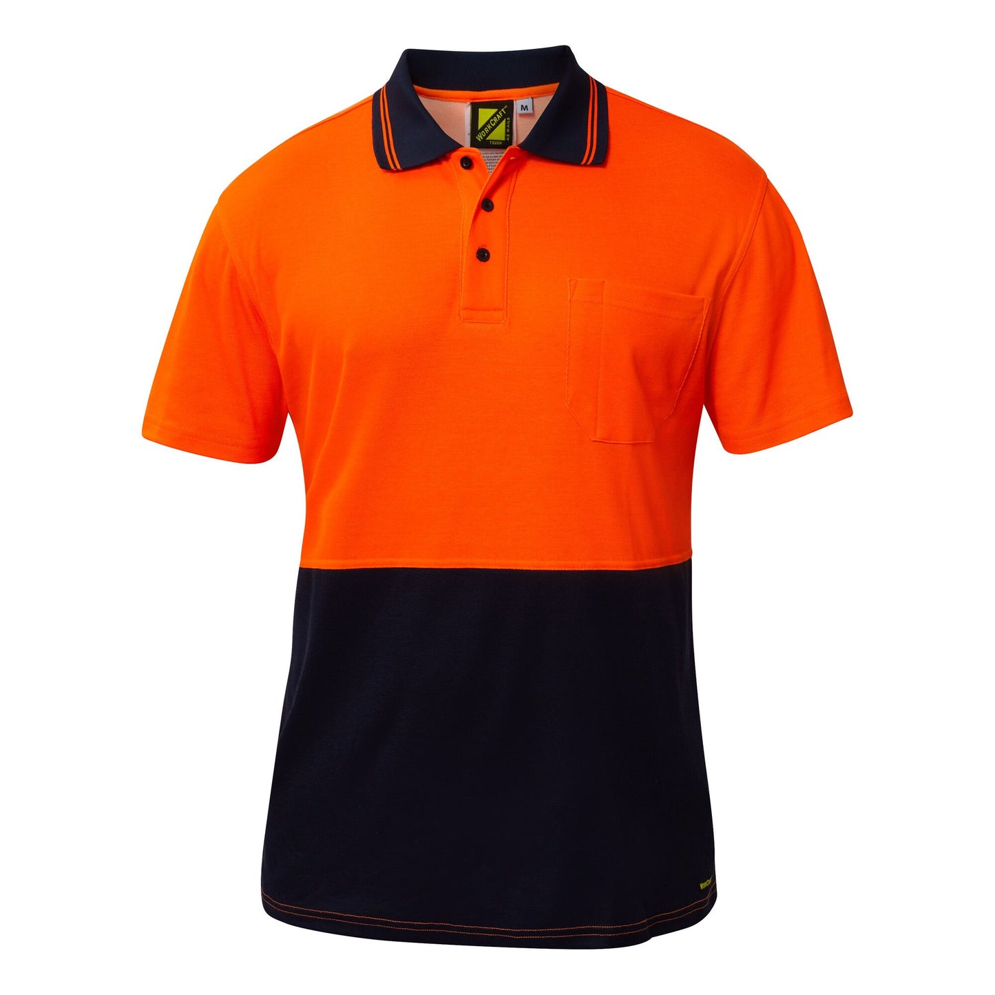 WORKCRAFT HIVIS COTTON BACK POLO SS WITH POCKET- NAVY/ORANGE
