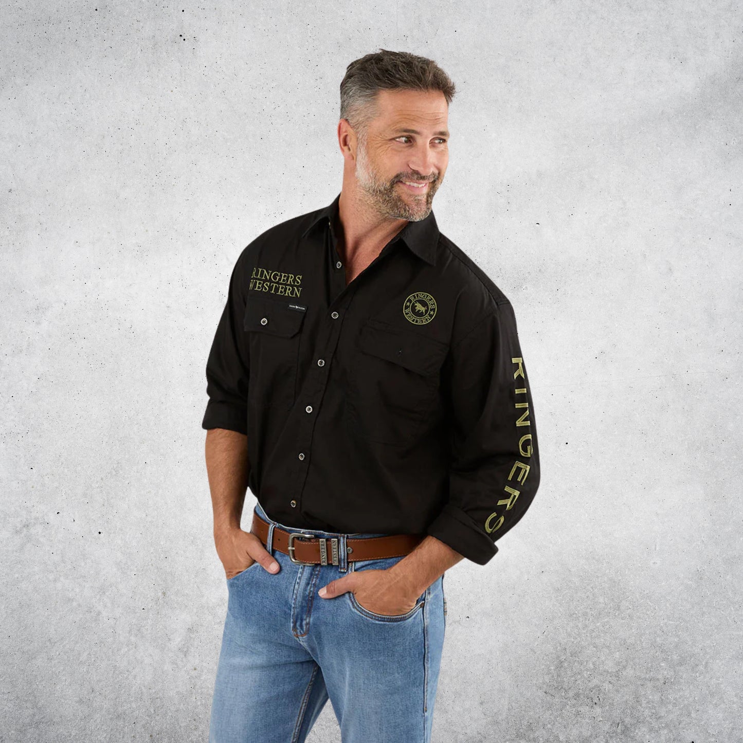 RINGERS WESTERN HAWKEYE MENS FULL BUTTON WORK SHIRT - BLACK/CAMO