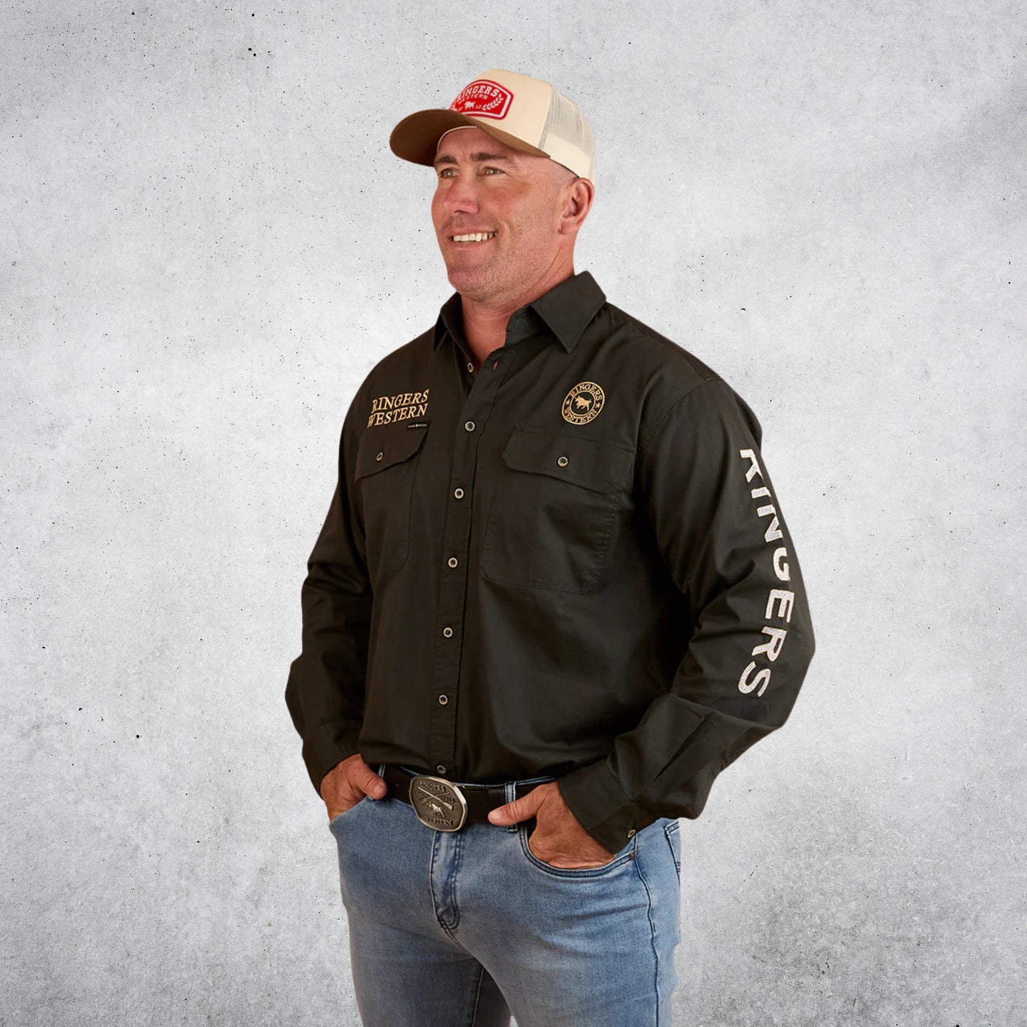 RINGERS WESTERN HAWKEYE MENS FULL BUTTON WORK SHIRT - CHARCOAL/ DARK SAND