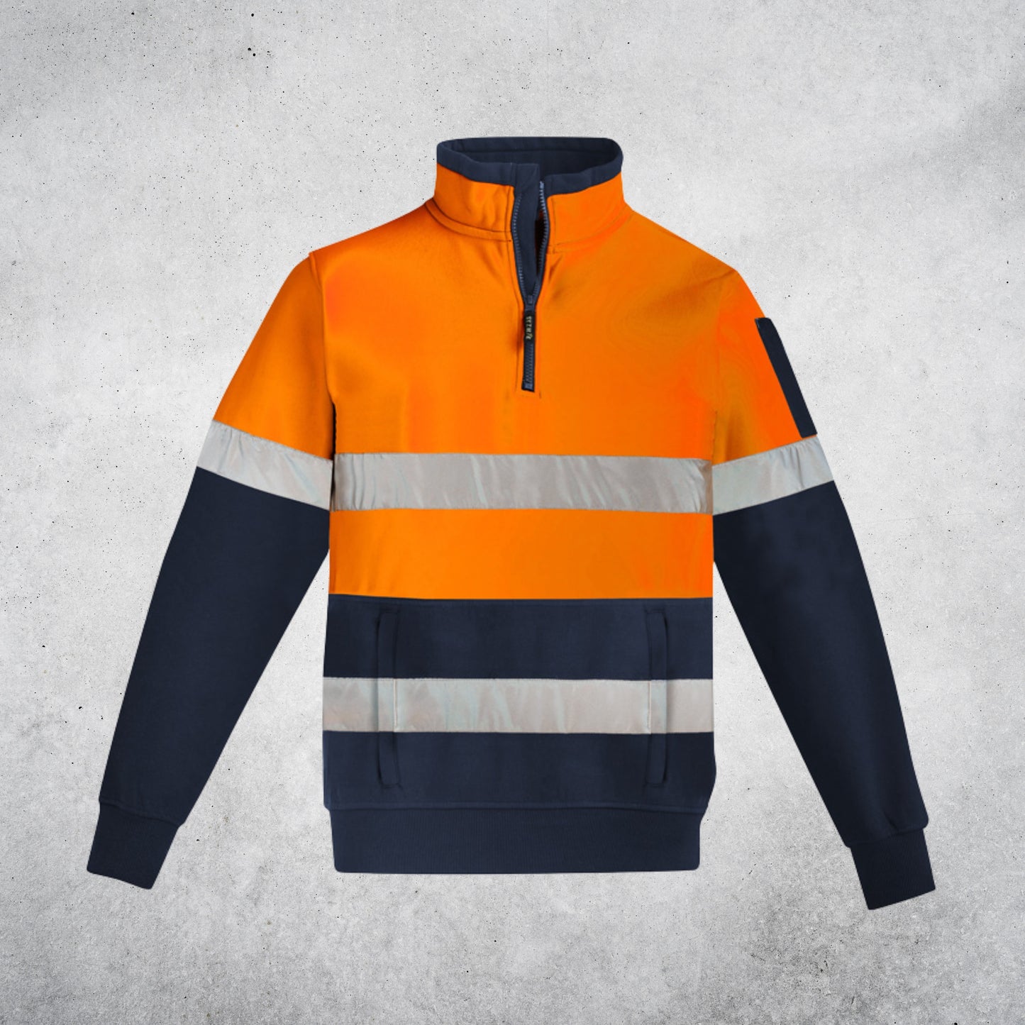 SYZMIK UNISEX HI VIS 1/4 ZIP PULLOVER HOOP TAPED - ORANGE / NAVY
