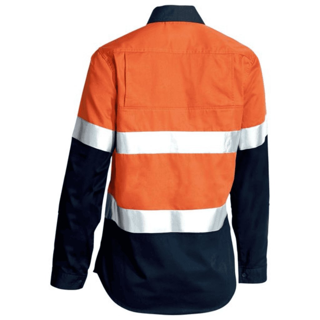 BISLEY WOMEN'S TAPED HI VIS COOL LIGHTWEIGHT DRILL SHIRT - ORANGE/NAVY - The Work Pit