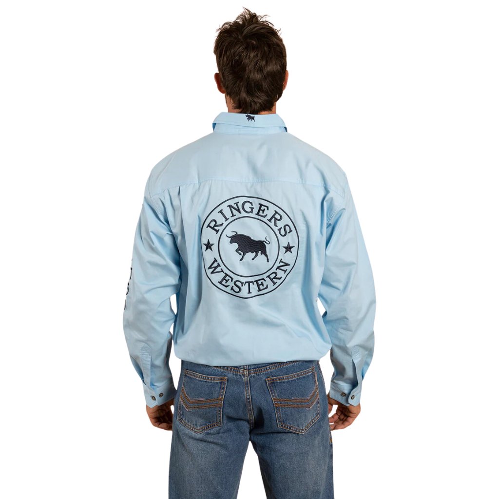 RINGERS WESTERN HAWKEYE MENS FULL BUTTON WORK SHIRT - SKY BLUE / NAVY - The Work Pit