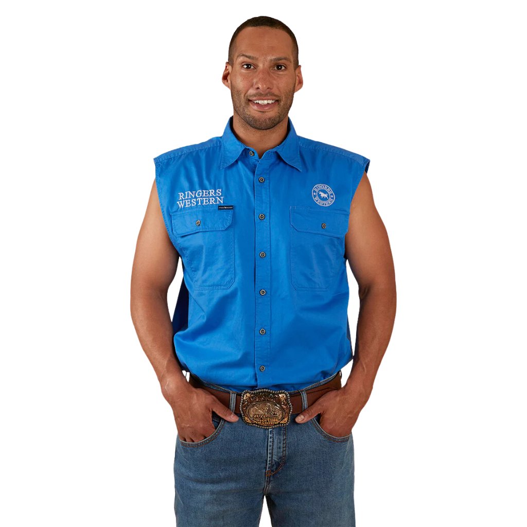 RINGERS WESTERN HAWKEYE MENS SLEEVELESS WORK SHIRT BLUE WHITE The Work Pit