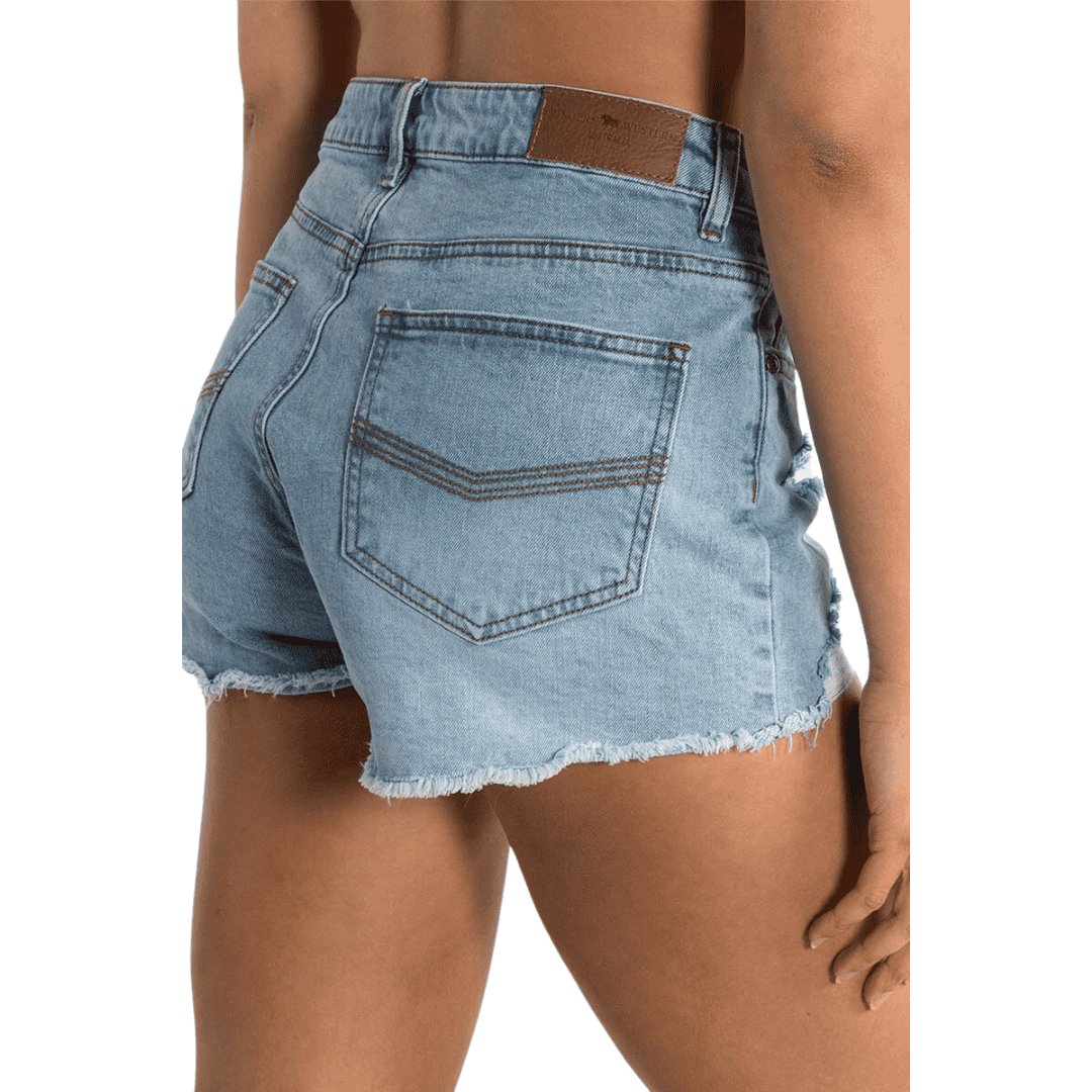 RINGERS WESTERN JESSIE WOMENS MID RISE RIPPED DENIM SHORT VINTAGE LIGHT BLUE - The Work Pit