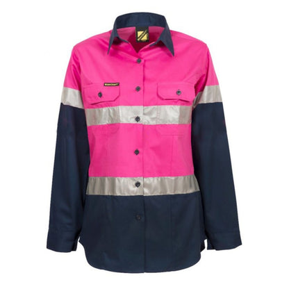 WORKCRAFT LADIES LIGHTWEIGHT HI VIS LONG SLEEVE VENTED REFLECTIVE COTTON DRILL SHIRT NIGHT USE