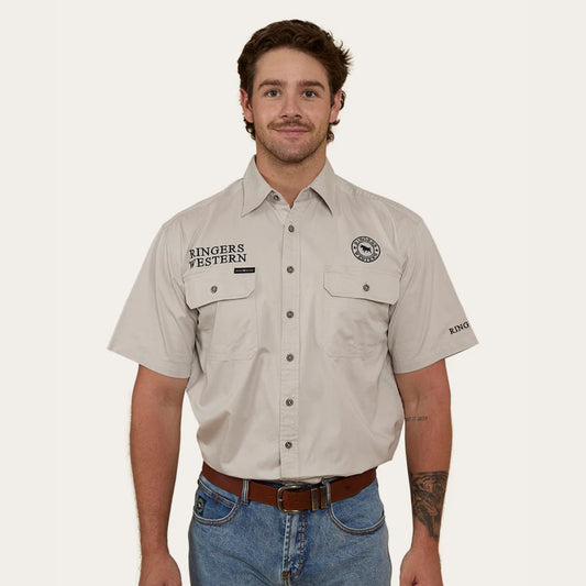 Hawkeye Mens SS Full Button Work Shirt - Beige/Navy