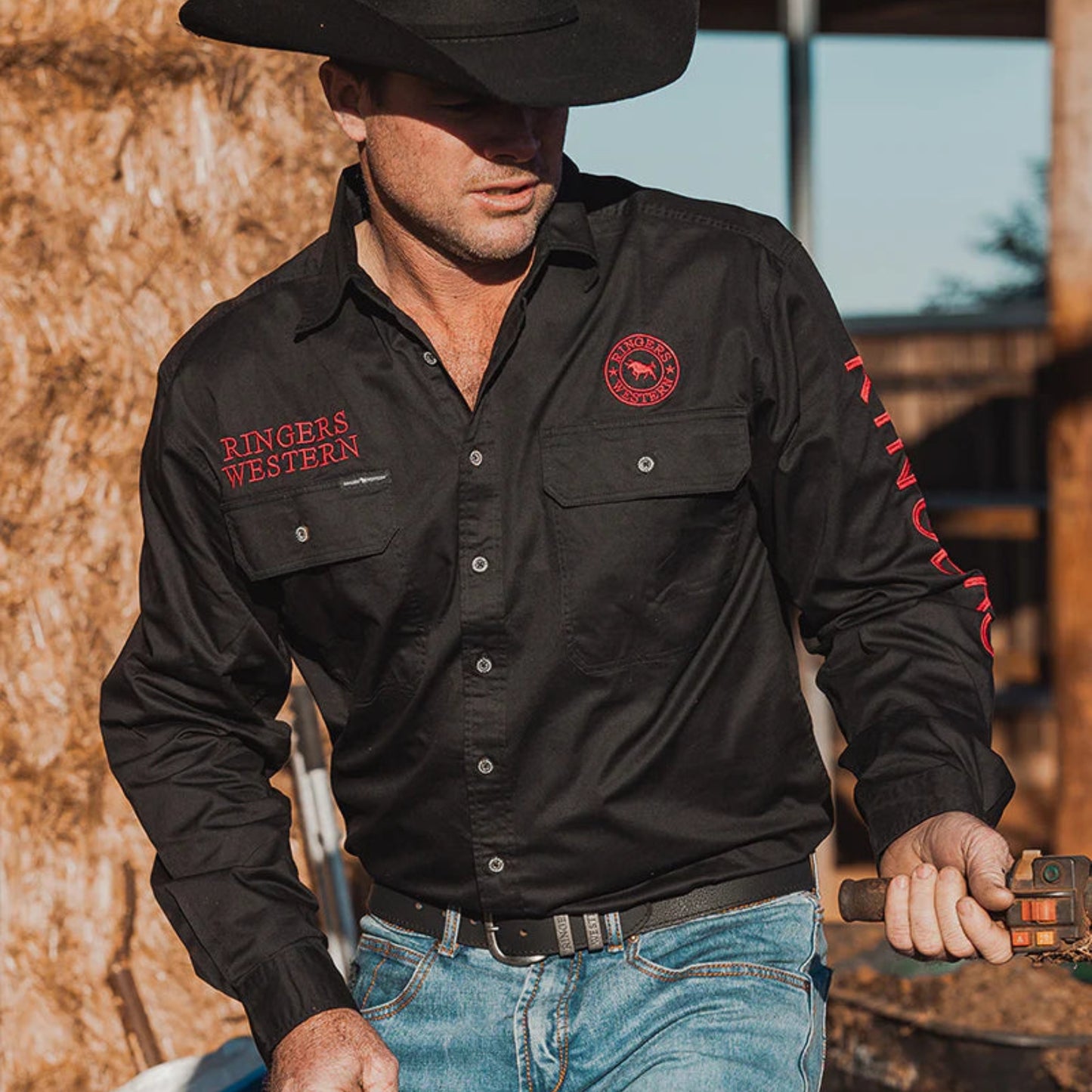 Hawkeye Mens Full Button Work Shirt - Black/Red
