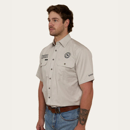 Hawkeye Mens SS Full Button Work Shirt - Beige/Navy