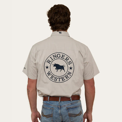 Hawkeye Mens SS Full Button Work Shirt - Beige/Navy