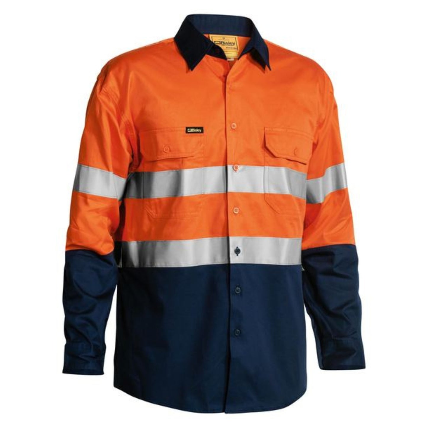 BISLEY MENS HI VIS SHIRT LS COOL TAPE - ORANGE / NAVY