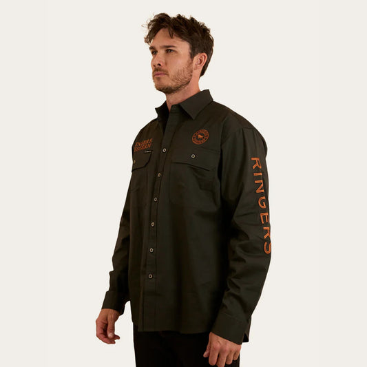 RINGERS WESTERN HAWKEYE MENS FULL BUTTON WORK SHIRT - Charcoal/Rust