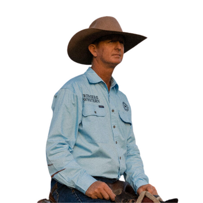 RINGERS WESTERN MENS HAWKEYE FULL BUTTON WORK SHIRT - SKY BLUE / NAVY