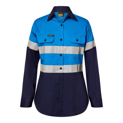 WORKCRAFT LADIES LIGHTWEIGHT HI VIS LONG SLEEVE VENTED REFLECTIVE COTTON DRILL SHIRT NIGHT USE