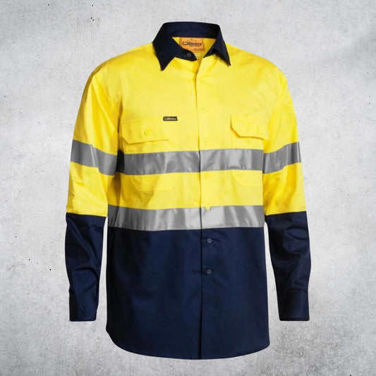 BISLEY MENS HI VIS SHIRT LS COOL TAPE - NAVY / YELLOW