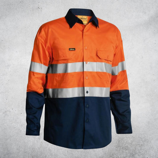 BISLEY MENS HI VIS SHIRT LS COOL TAPE - ORANGE / NAVY