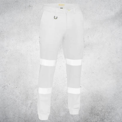 BISLEY TAPED BIOMOTION STRETCH COTTON DRILL CARGO CUFFED PANTS - WHITE