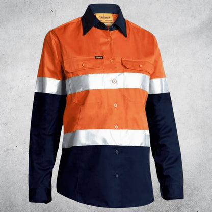 BISLEY WOMEN'S TAPED HI VIS COOL LIGHTWEIGHT DRILL SHIRT - ORANGE/NAVY