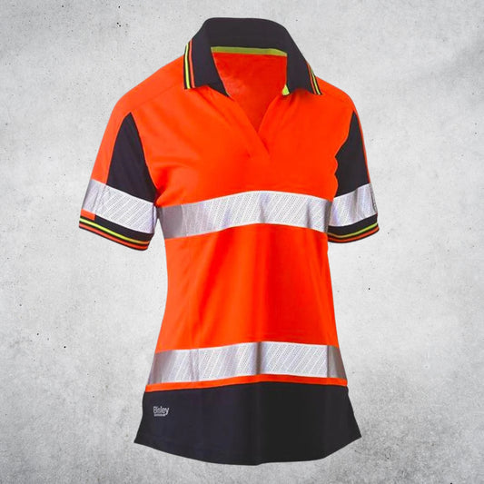 BISLEY WOMENS 3M TAPED HI VIS S/S POLO ORANGE/NAVY