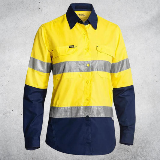 BISLEY WOMENS 3M TAPED HI VIS X AIRFLOW RIPSTOP SHIRT YELLOW/NAVY