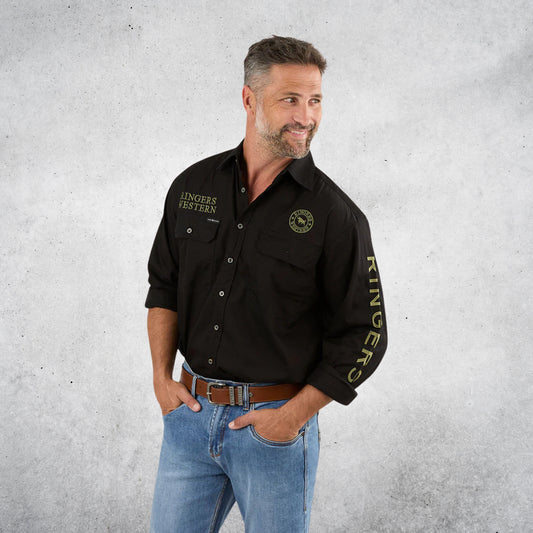 RINGERS WESTERN HAWKEYE MENS FULL BUTTON WORK SHIRT - BLACK/CAMO
