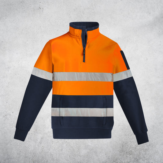 SYZMIK UNISEX HI VIS 1/4 ZIP PULLOVER HOOP TAPED - ORANGE / NAVY
