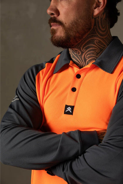 ANTHEM HI FLOW LONG SLEEVE PERFORMANCE POLO - HI VIS ORANGE - The Work Pit
