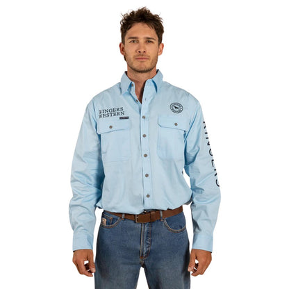 RINGERS WESTERN HAWKEYE MENS FULL BUTTON WORK SHIRT - SKY BLUE / NAVY - The Work Pit