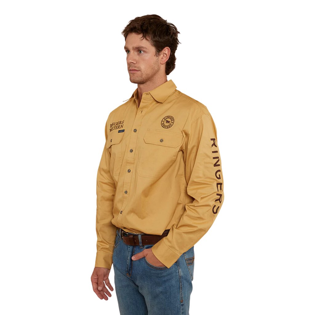 RINGERS WESTERN HAWKEYE MENS FULL BUTTON WORK SHIRT - VINTAGE GOLD / CHOCOLATE - The Work Pit