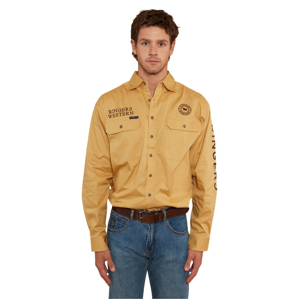 RINGERS WESTERN HAWKEYE MENS FULL BUTTON WORK SHIRT - VINTAGE GOLD / CHOCOLATE - The Work Pit