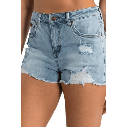 RINGERS WESTERN JESSIE WOMENS MID RISE RIPPED DENIM SHORT VINTAGE LIGHT BLUE - The Work Pit