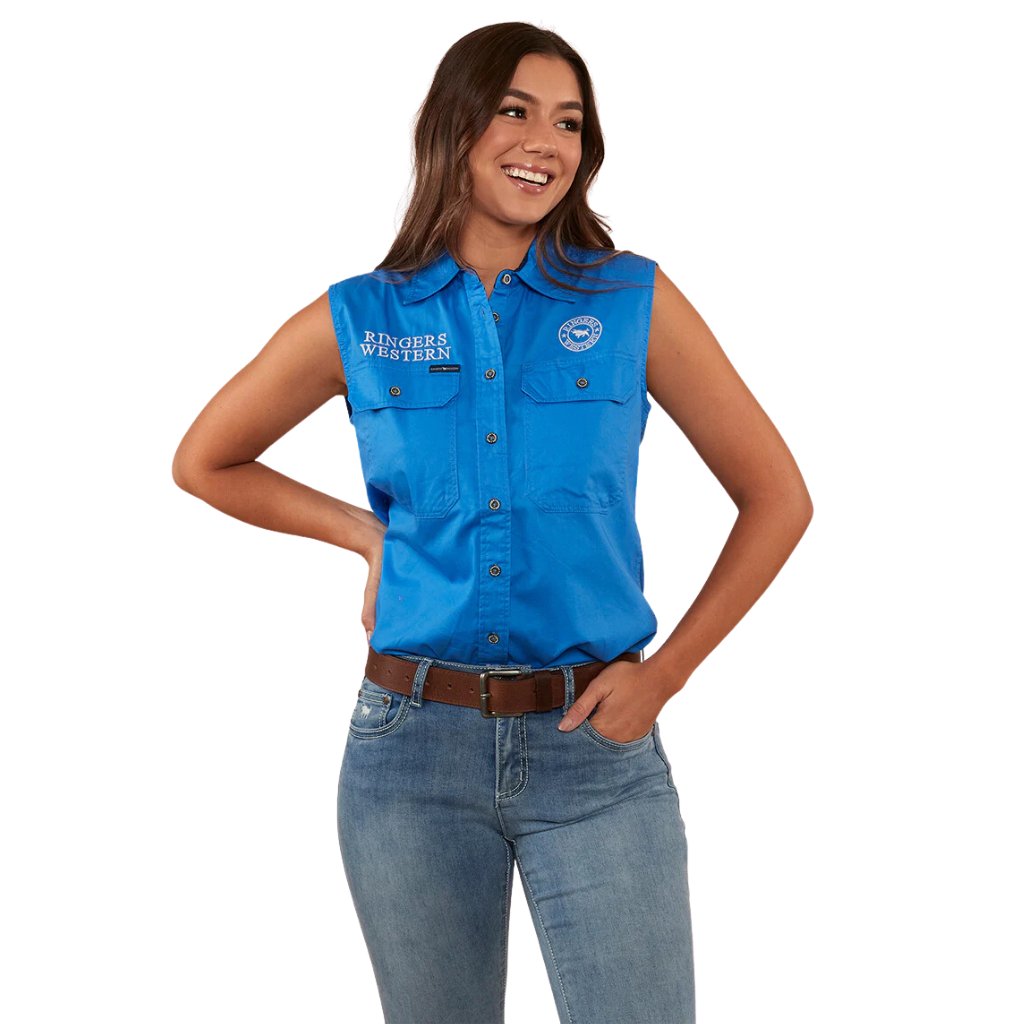 Jillaroo RINGERS WESTERN SIGNATURE JILLAROO WOMENS SLEEVELESS WORK SHIRT BLUE/W ...