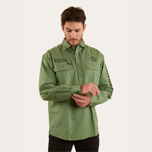 Hawkeye Mens Half Button Work Shirt - Cactus Charcoal