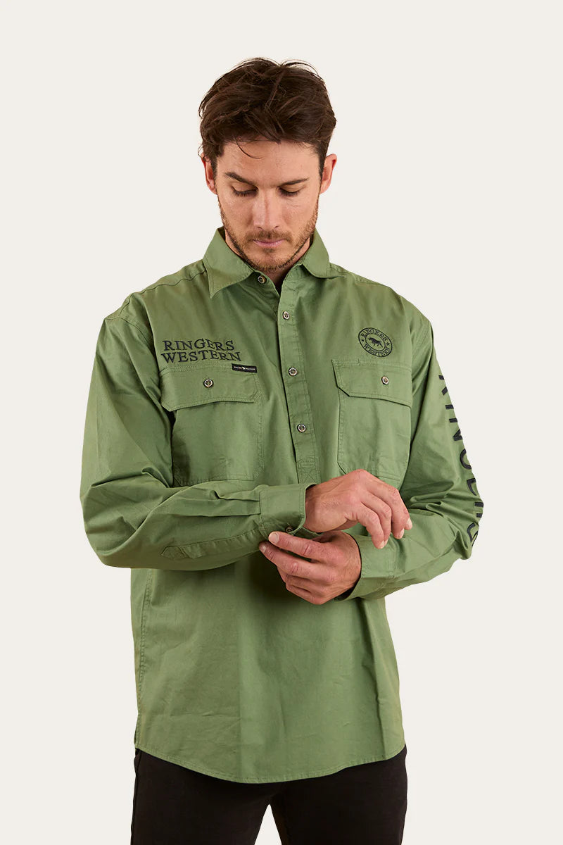 Hawkeye Mens Half Button Work Shirt - Cactus Charcoal