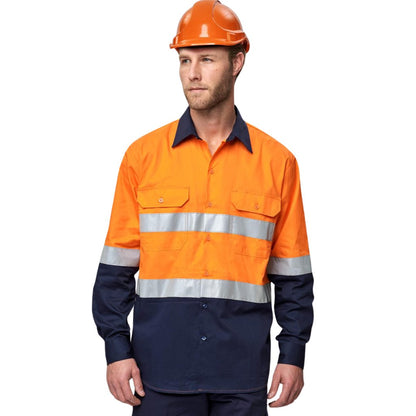UNISEX HI - VIS COOL - BREEZE TAPED SAFETY LS SHIRT - ORANGE / NAVY - The Work Pit