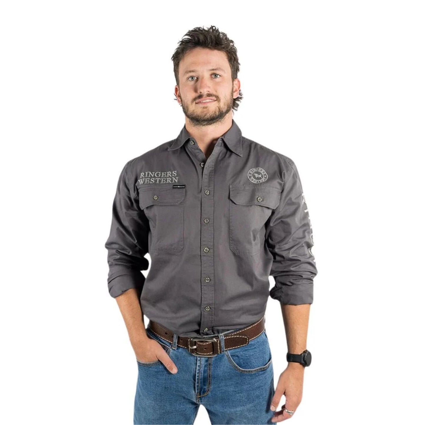 RINGERS WESTERN HAWKEYE MENS FULL BUTTON WORK SHIRT - MAGNUM WITH ULTIMATE GREY EMBROIDERY